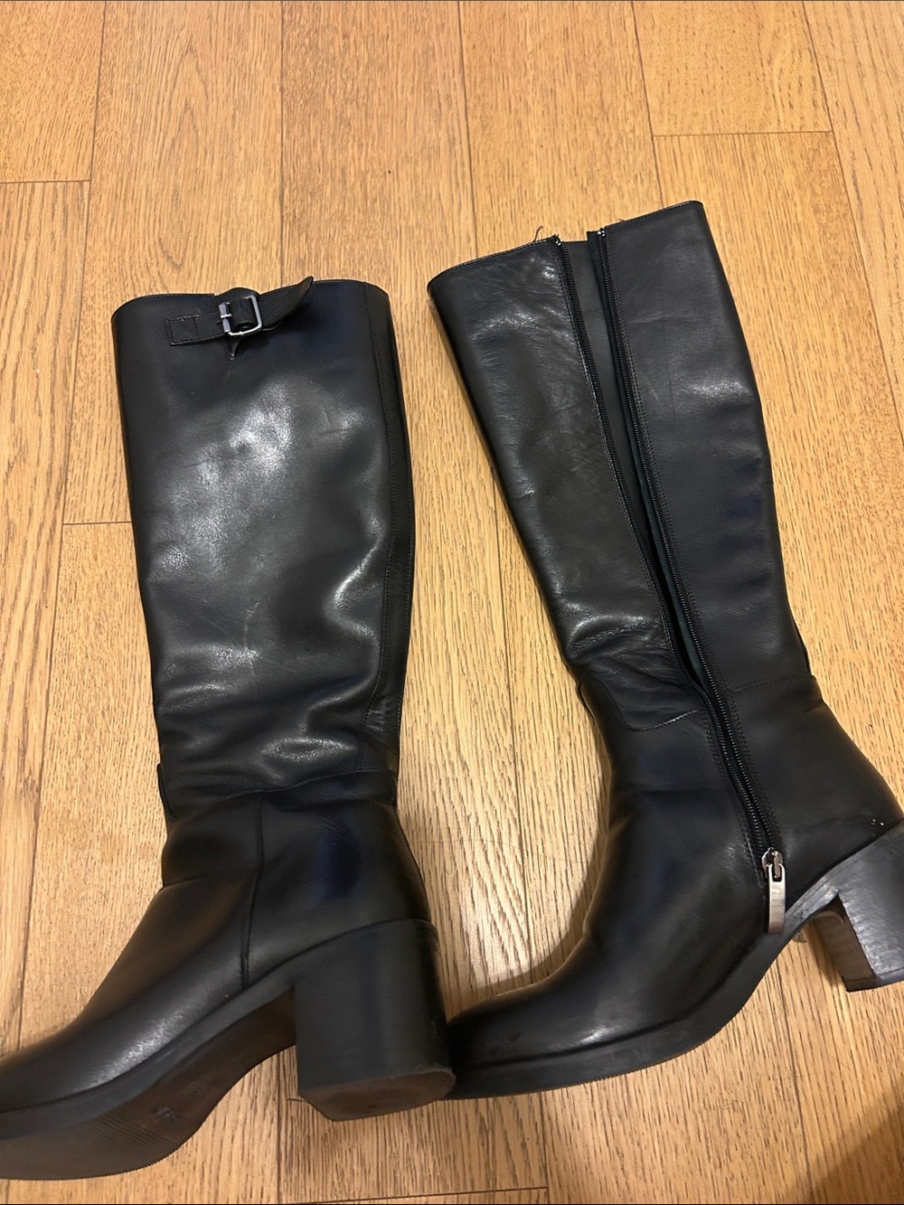 Italian Classic Black Knee-High Leather Boots with Block Heel